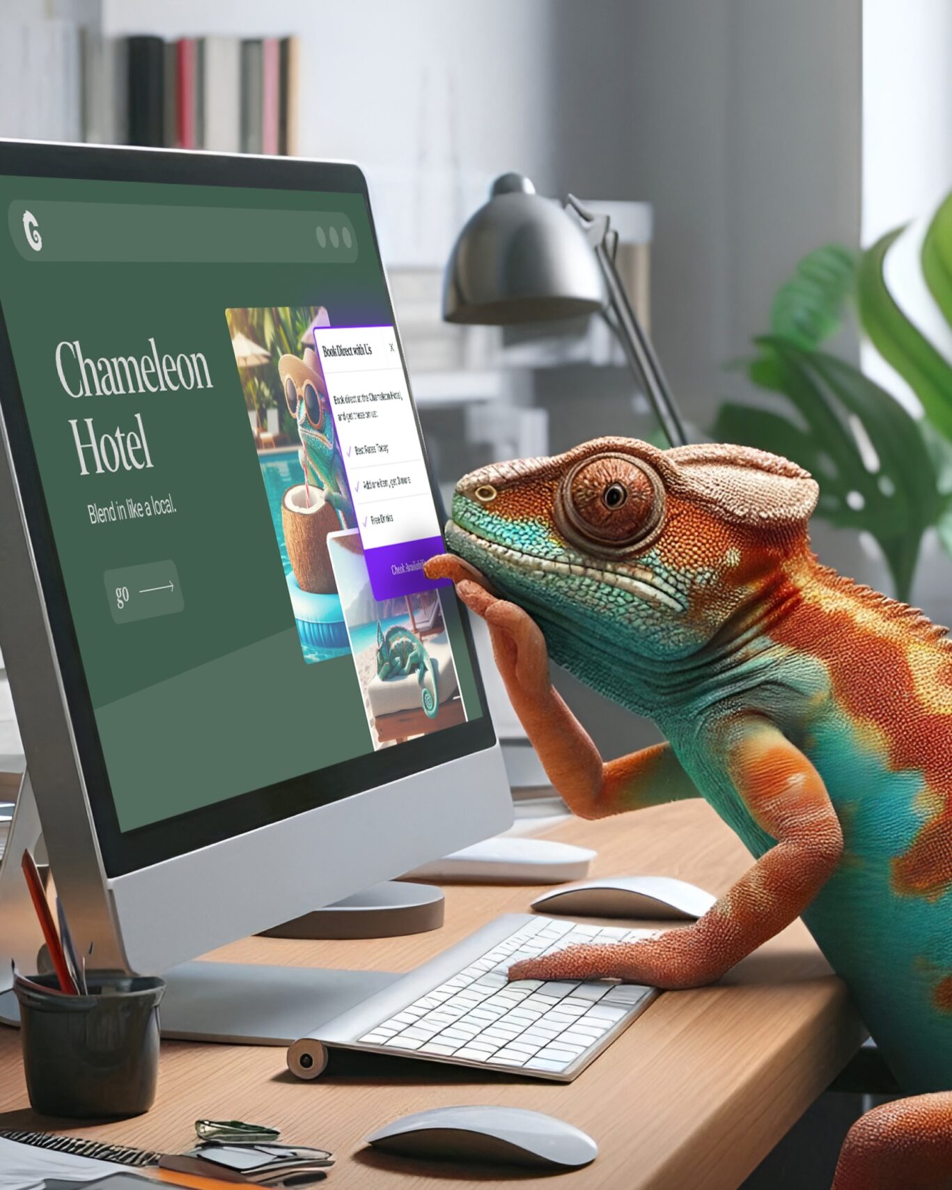 chameleon at office computer